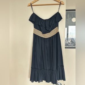 Strapless ruffle mini dress with crochet waist detail